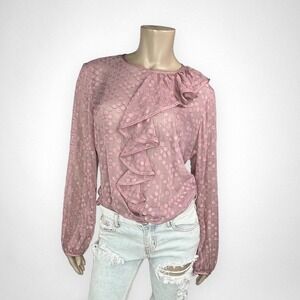 TRINA TURK Pink Shimmery Polka Dot‎ Ruffled Long Sleeve Blouse L